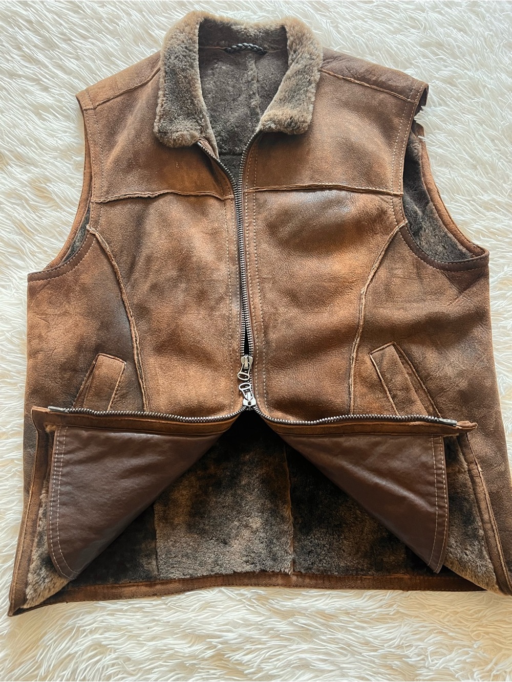 Gimo's Italian Leather Genuine Shearling Lining Vest Distressed Zip Mens 50/M